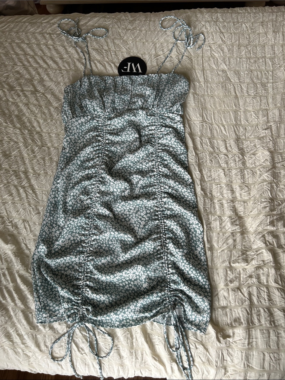White Fox Boutique Sage Green Floral Tie-Shoulder Ruched Mini Dress